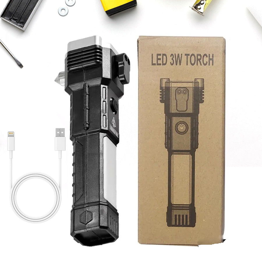 Rechargeable LED Torch – Emergency Hammer & Glass Cutter | Indo Glow