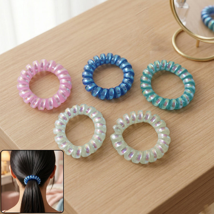 Soft Stretchable Telephone Wire Style Hair Bands Set (5 Pc, Mix Color)