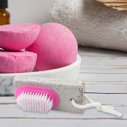 XcelCraft pumice stone foot scrubber with dual-action brush for smooth feet.