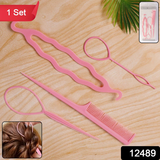 Woman creating a neat ponytail using hair styling tool set