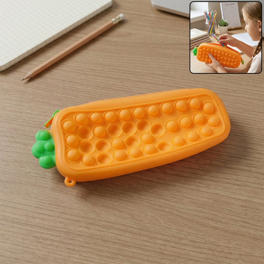 Carrot-shaped Pop It silicone pencil pouch with textured bubbles