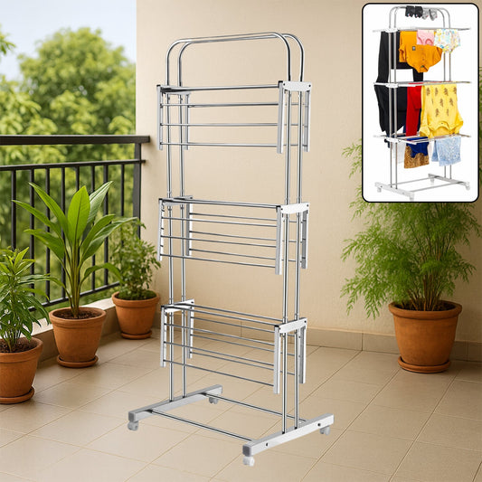 Stainless steel clothes drying stand with three layers and caster wheels