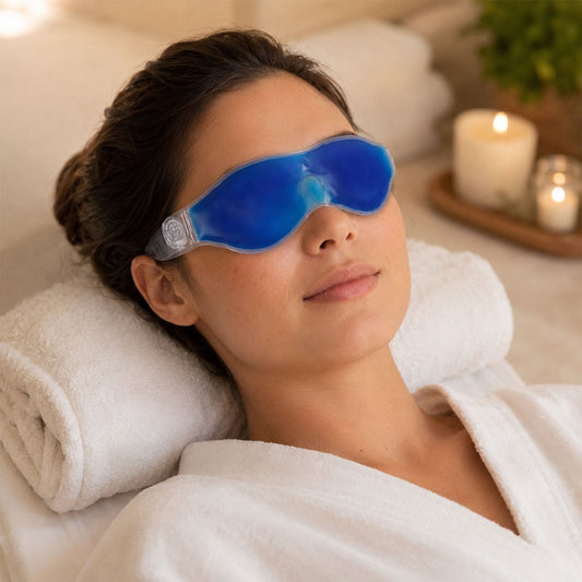 Small blue cooling gel eye mask on a white background