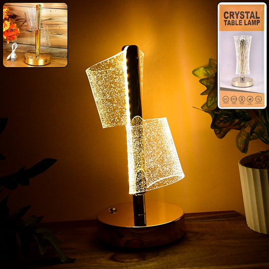 Crystal LED Double Shade Table Lamp with golden base shining brightly