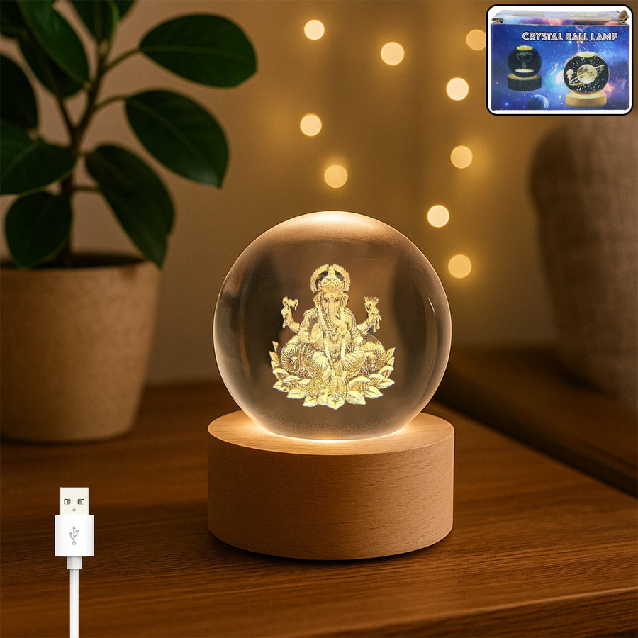 Ganpati 3D Crystal Ball Lamp – Wooden Base Night Light | Indo Glow