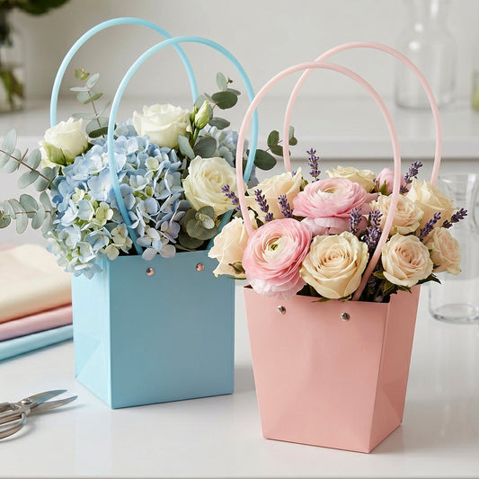 Foldable flower packaging bag with handle in pastel shades