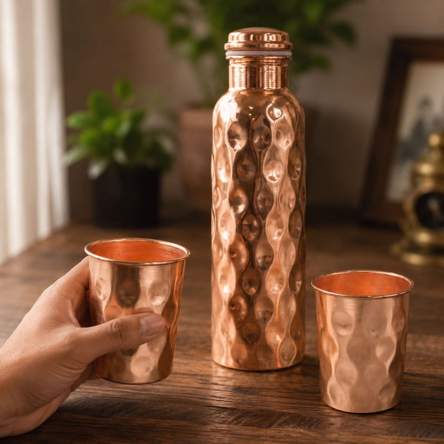 Copper Water Bottle Set – Diamond Cut & 2 Glasses | Own Hydrate