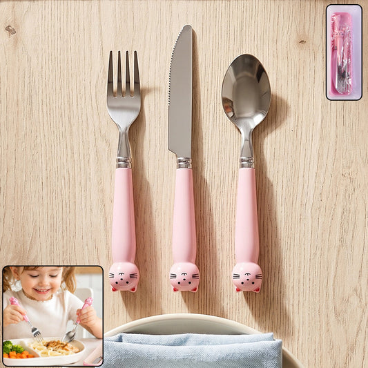 Kids stainless steel cutlery set with colorful case and cartoon design