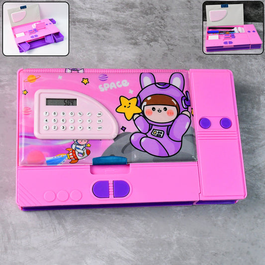 Space theme pencil box with built-in calculator, vibrant astronaut design
