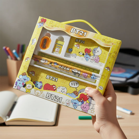 Cartoon printed metal pencil box with ruler, pencils, eraser and sharpener
