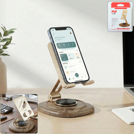 Adjustable metal mobile phone stand with plastic base on a desk