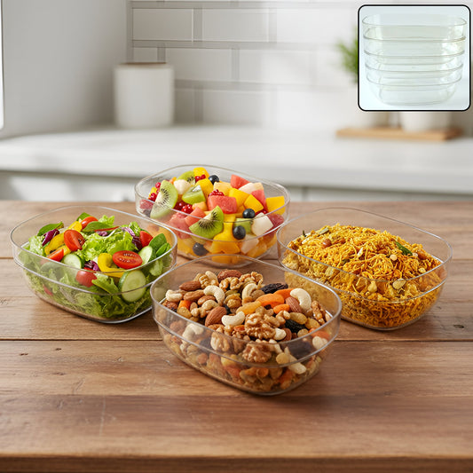 Stacked clear serving bowls in a durable multipurpose bowl set
