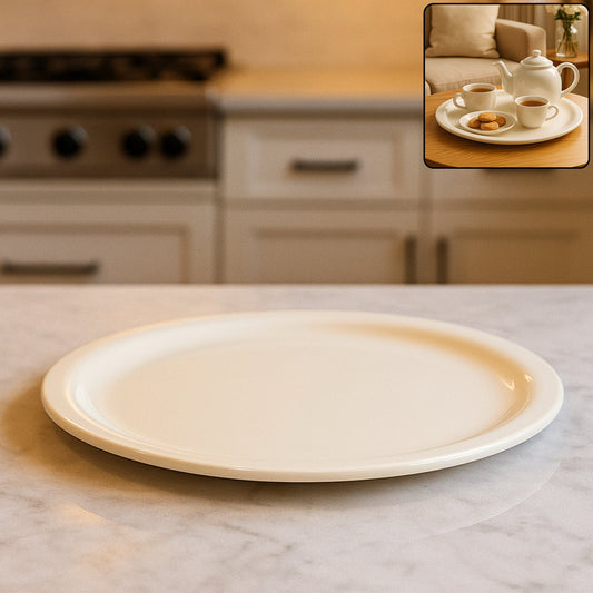 Large round serving plate with a smooth surface for versatile meals