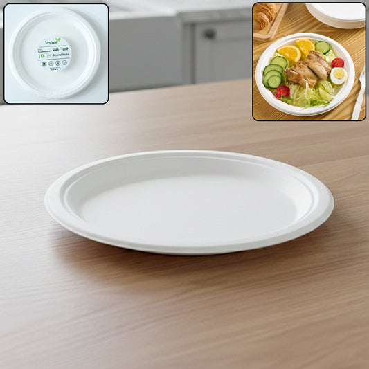 Disposable round food serving plate from Vegnar showing classic design