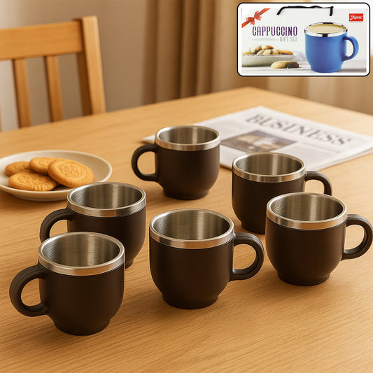 Set of six matte brown stainless steel cappuccino mugs with double wall insulation
