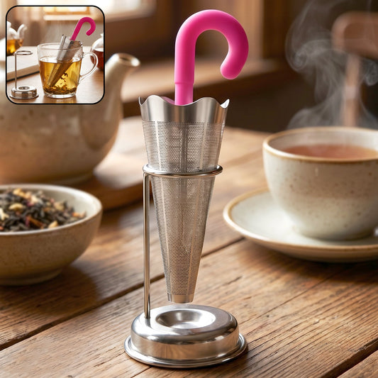 Shiny stainless steel tea strainer with umbrella design and integrated drip tray stand.