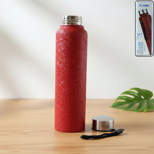 Front view of red stainless steel water bottle with insulated design