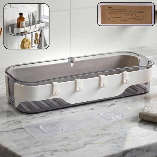 Modern transparent bathroom wall shelf with white accents and three hooks for accessories