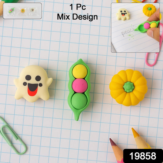 A cheerful yellow smiley face cartoon eraser, made from soft, non-toxic rubber for clean erasing.