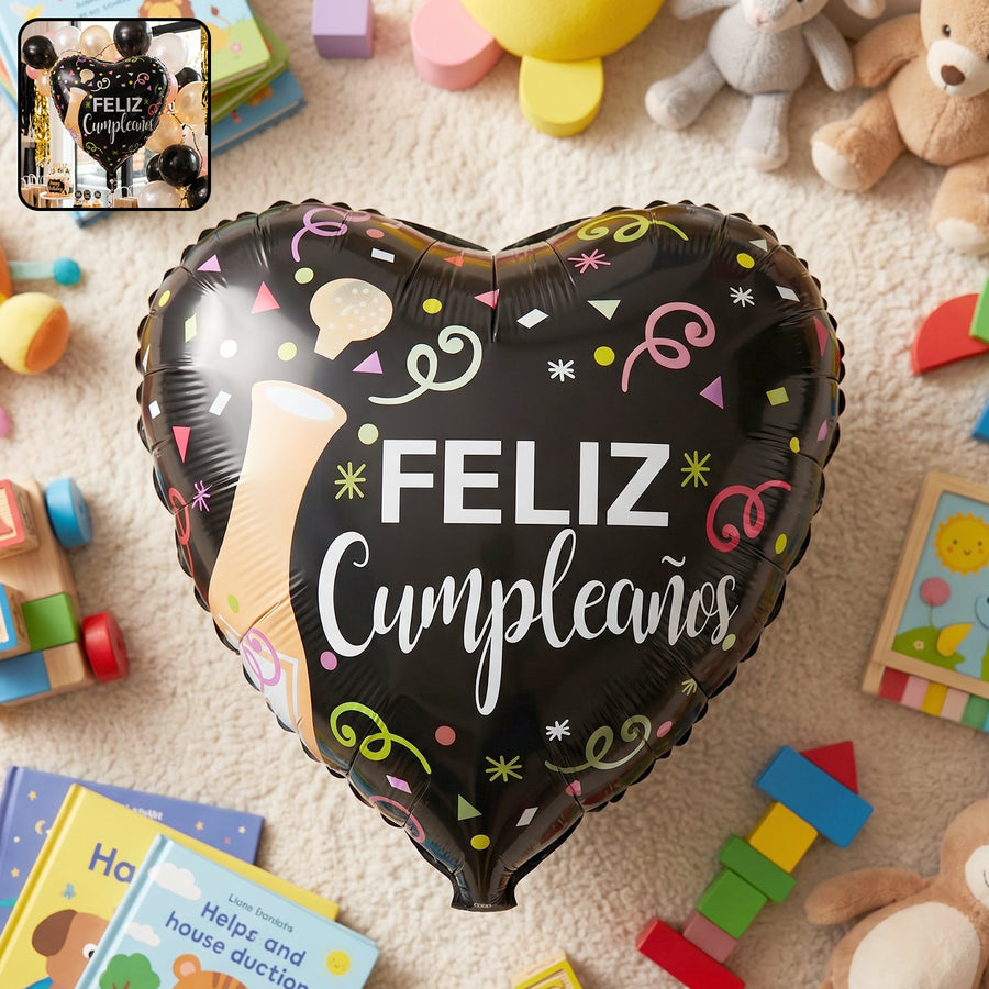 Black Heart Feliz Cumplea–os Foil Balloon Ð Bright Party Decor
