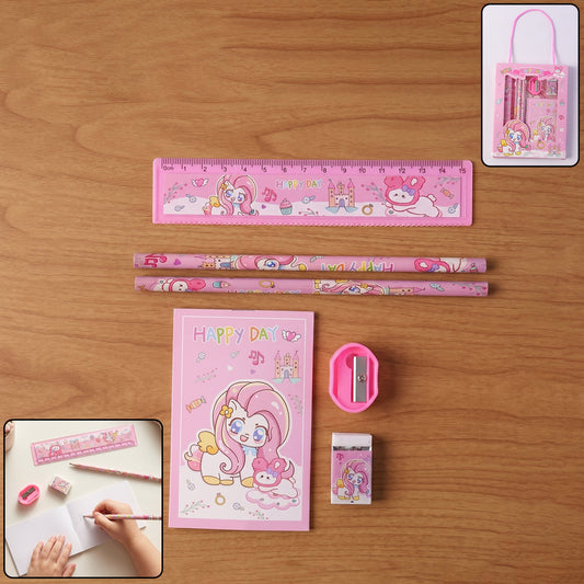 Cartoon unicorn stationery set with colorful school supplies