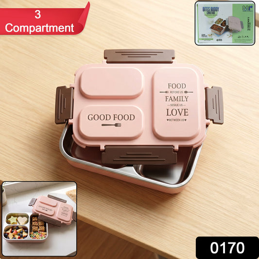 Opened 3-compartment stainless steel lunch box containing fresh separate meals